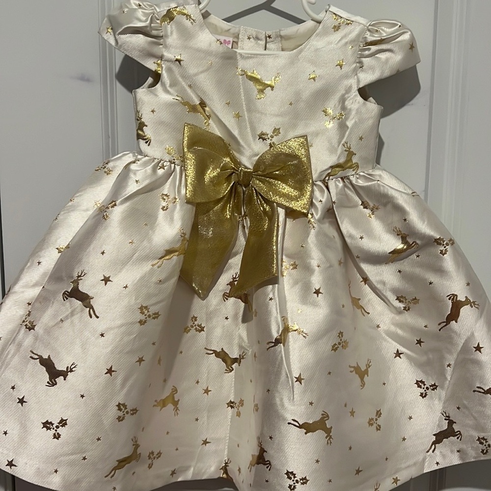 4T Cream and Gold Reindeer Christmas Dress